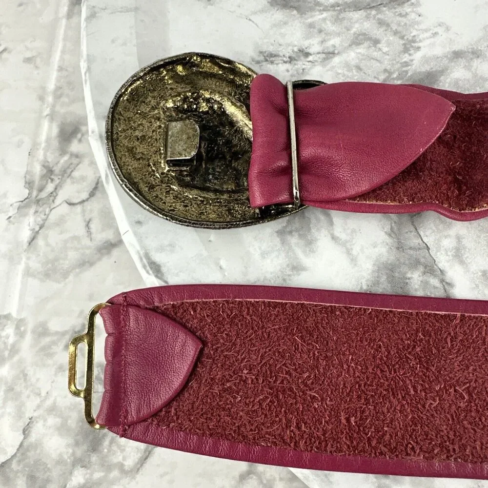 Vintage Women Adjustable Wide Leather Belt With Brass Paisley Clip Buckle Size M